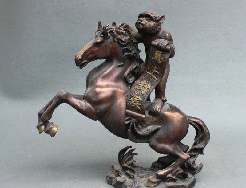 

11" China Fengshui Bronze Copper Monkey Ride Horse Auspicious Animal Statue