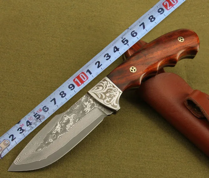 Günstig Handgemachtes geschmiedetes damaskus messer 58 HRC Damaststahl fixed messer ebenholz griff Leder mantel armee Überleben messer