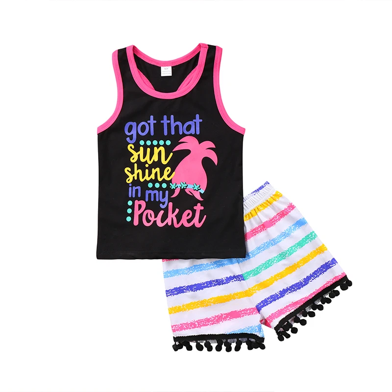 

2PCS Toddler Kids Girl Summer Clothes Sleeveless Vest Cartoon Tops+Striped Tassel Shorts Hot Pant Outfits Clothing Set 1-6Y