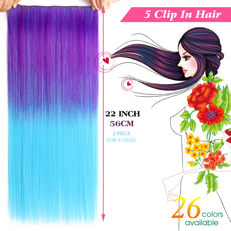 Alileader 60Cm Blue Hair Synthetic Extension Straight Blue 5Clips In Hair Extensions Fake Hair Pieces Full Head Women Clip