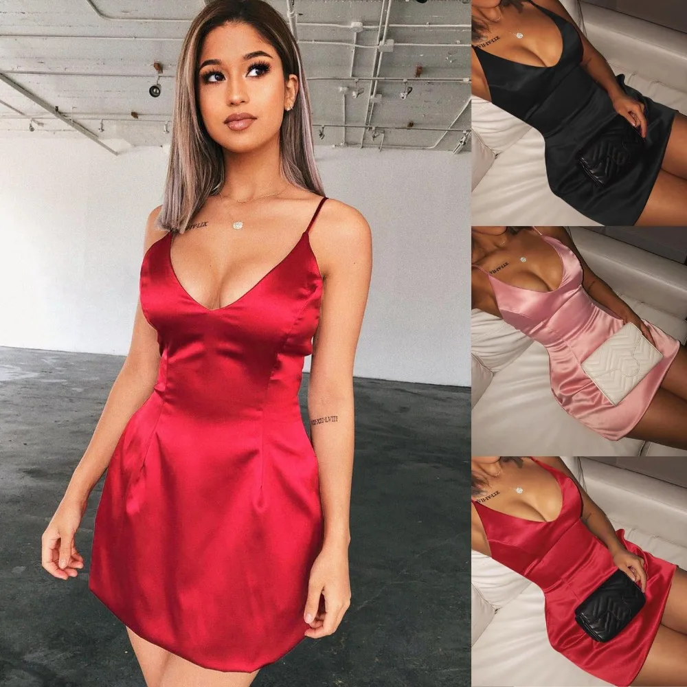 

Club Spaghetti Strap V-Neck Backless Sexy Mini Dress Sleeveless A-Line Short Women Dress Female Black Summer Beach Dresses 2019
