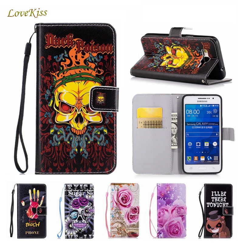 

Skull Flower Leather Wallet Phone Case For Samsung Galaxy S3 S4 S5 S6 S7 Edge Grand Prime G530H G531 Capa Soft TPU Back Cover