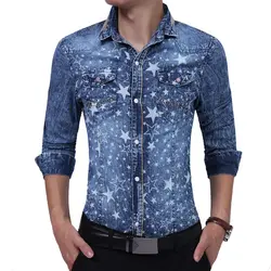 Бренд 2018 модная мужская рубашка с длинными рукавами высокого качества пятизвездочные принты джинсовая рубашка Мужская s Мужская