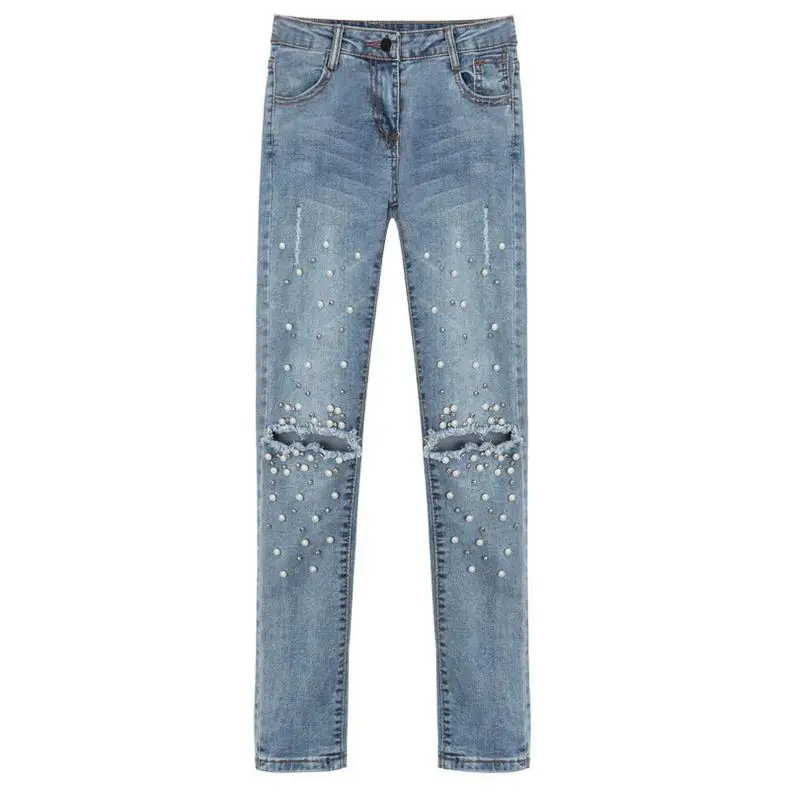 Новые модные Алмазный бисера джинсы женские узкие джинсовые узкие брюки Джинсы с прорехами