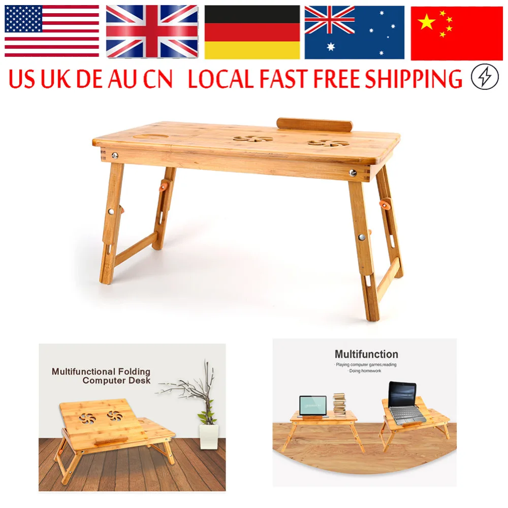 

Computer Table Portable Bamboo Laptop Stand Desk Modern Notebook Table Cooling Fan Mouse Holder Tray Bed