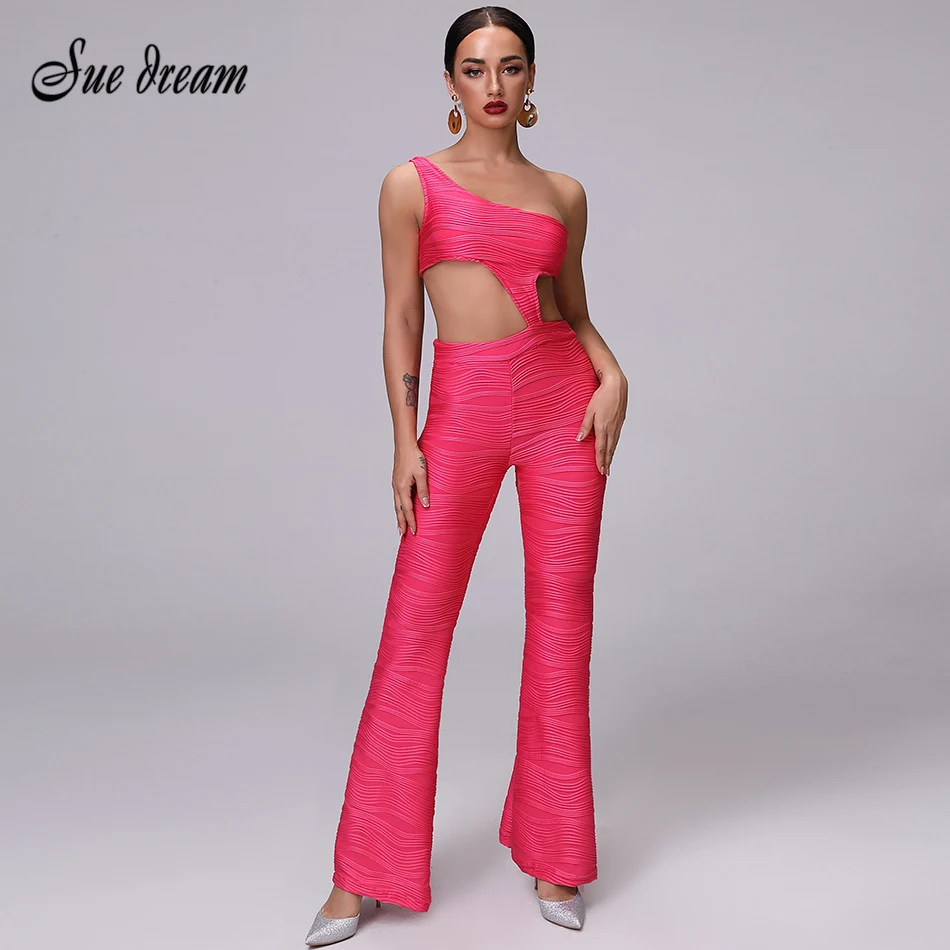 

2019 summer new women's rose red jumpsuit sexy backless one shoulder hollow bell pants club party jumpsuit wholesale