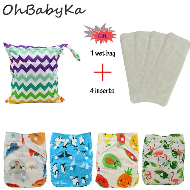 OhBabyKa 8 шт многоразовые подгузники с карманами ткань пеленки крышка Couche Lavable 4 шт Детские Подгузники + 4 шт 3 слоя микрофибры вставки