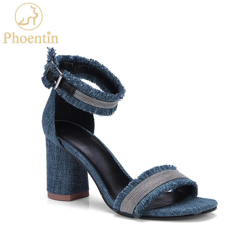 

Phoentin womens shoes denim sandals 2018 turned over edge ankle strap blue summer sandals buckle leisure open toe heels FT405