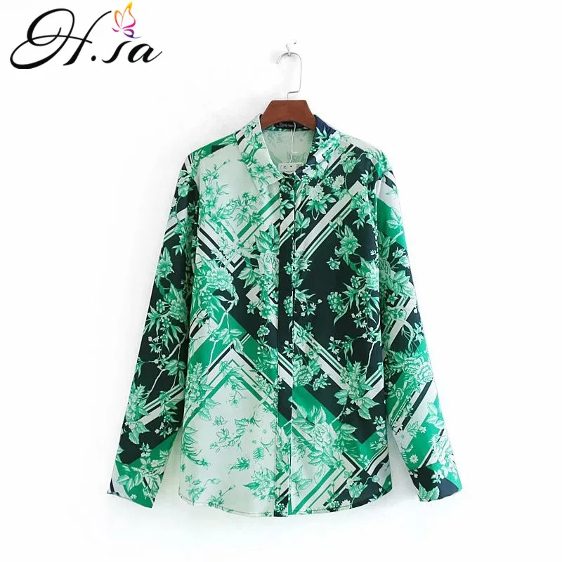 

H.SA 2019 New Korean Fashion Clothing Women Long Sleeve Summer Blouses and Shirts Green Leaves Floral Print Retro Blusa Tops
