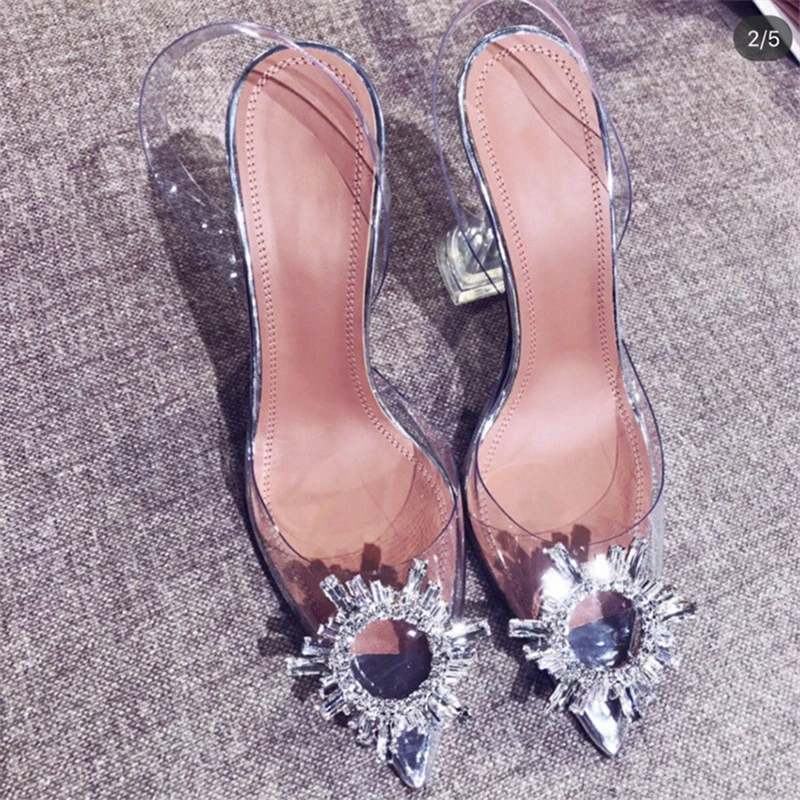 

Summer transparent heels Woman Pointed Toe Jelly Shoes Pumps Fashion Shining Rhinestone Lady Wedding Party High Heel Sandals