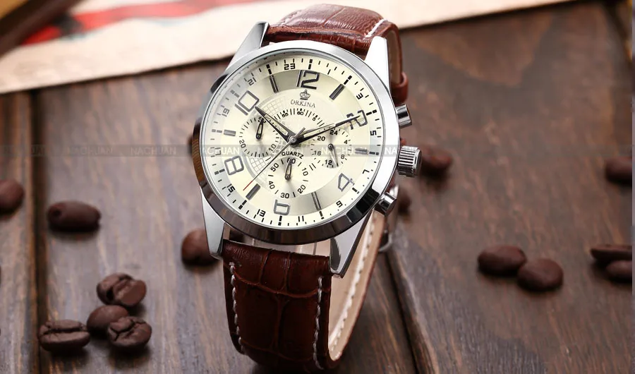 Бренд Orkina мужские 24 часа секундомер часы кофе кожаный Серебряный стальной чехол армейские Модные Спортивные кварцевые наручные часы Cool Horloges