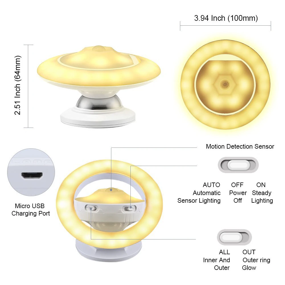 WISH-USB Перезаряжаемые движения Сенсор ночник светодиодный инфракрасный человеческого тела НЛО индукции лампы в форме 360 градусов вращающийся detachab