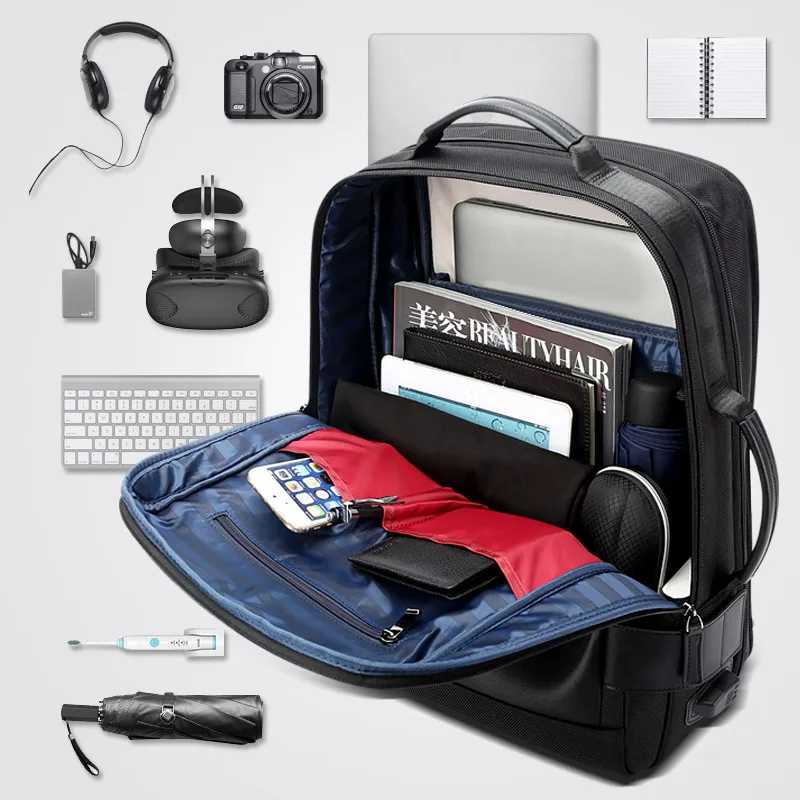  15.6 Inch Notebook Backpack Black Contractive Leather Backpack for Men USB Charging Male Travel Bac - 32829876212