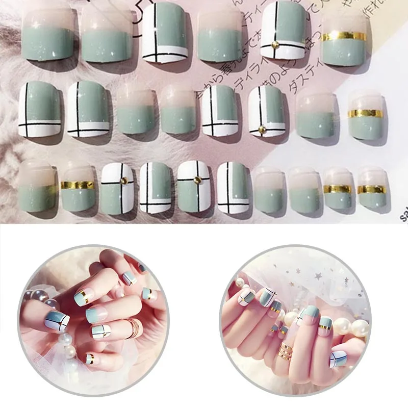 

24pcs Women Fake Nails Simple Strip Pattern DIY Manicure False Nails Decals SSwell