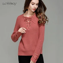 LOSSKY Autumn Winter Pullover Women Jumper O Neck Lace Up Long Sleeve Sweater Female Knitted Jumper Ladies Slim Knit Tops 2018