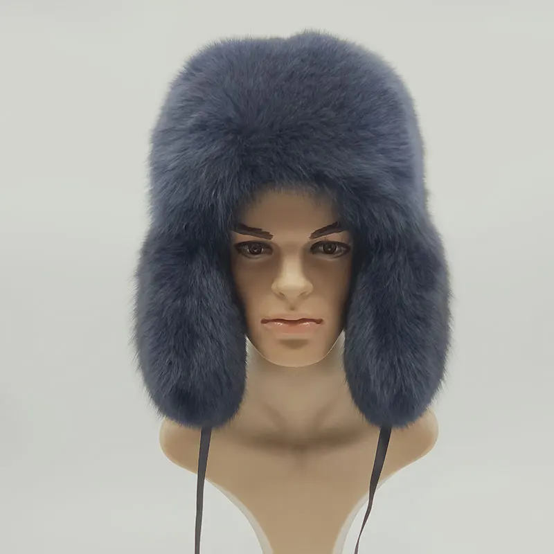 

Warm Men Real Fox Raccoon Fur Cap Guarantee 100% Natural Genuine Fur Bomber Hats With Fur Ear Protection Winter Black Navy Cap