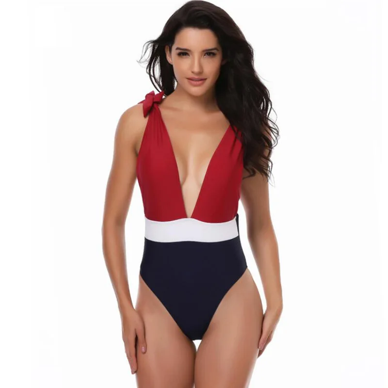 

Girl Swimsuit Bodysuit V-Neck Low Back Swimming Suit 2018 Woman Swim Wear Ladies Beach Wear Monokini