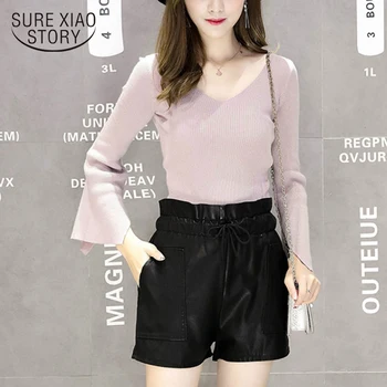 

2019 New flower Bud high waist tether large pocket PU skin shorts women autumn winter boots casual wide legs Loose 1914 50