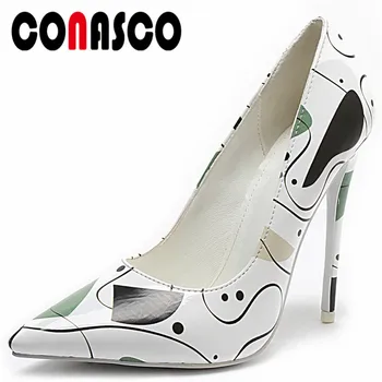 

CONASCO 2019 New Spring Summer Fashion Print Pointed Toe Women Pumps Wedding Shoes Woman Elegant Thin Heels Basic Office Shoes