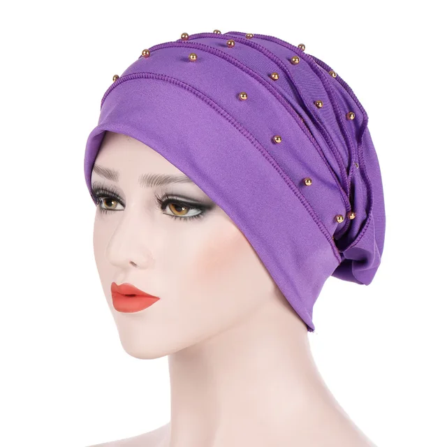 Muslim Women Stretch Cotton Ruffle Bead Turban Hat chemotherapy Chemo Beanies Caps Headwrap Hair Loss For Cancer Accessories Purple