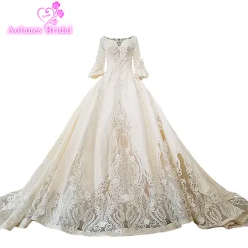 

AOLANES 2018 Champagne Ivory Satin V-neck Bridal Gowns Long Sleeves Royal Train Ball Gown Princess Backless Wedding Dresses