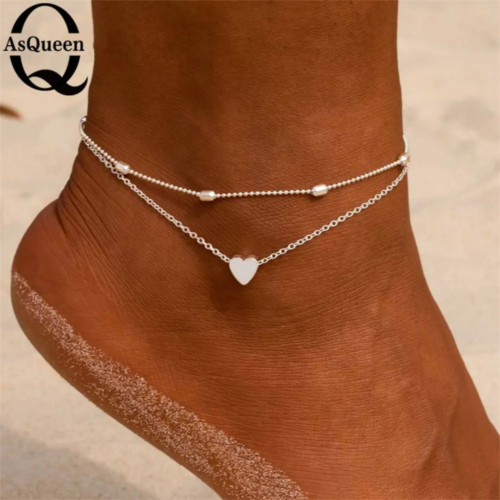 Women Anklets Heart Barefoot Crochet Sandals Foot Jewelry Two Layer Legs Bracelet | Украшения и аксессуары