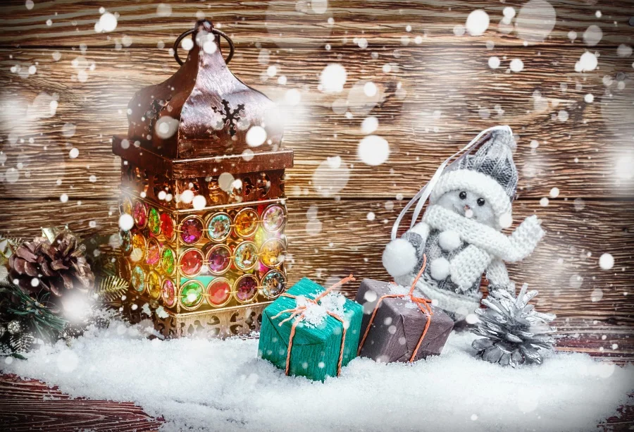 

Laeacco Winter Snow Wooden Board Lamp Diamond Snowman Gift Baby Photography Background Customized Backdrop For Photo Studio