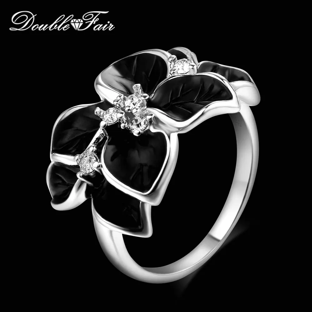 Double Fair Brand Romantic Leaf Black Drip oil Ring Rose Gold Silver Color Vintage Fashion Jewelry For Women DFR678 DFR679