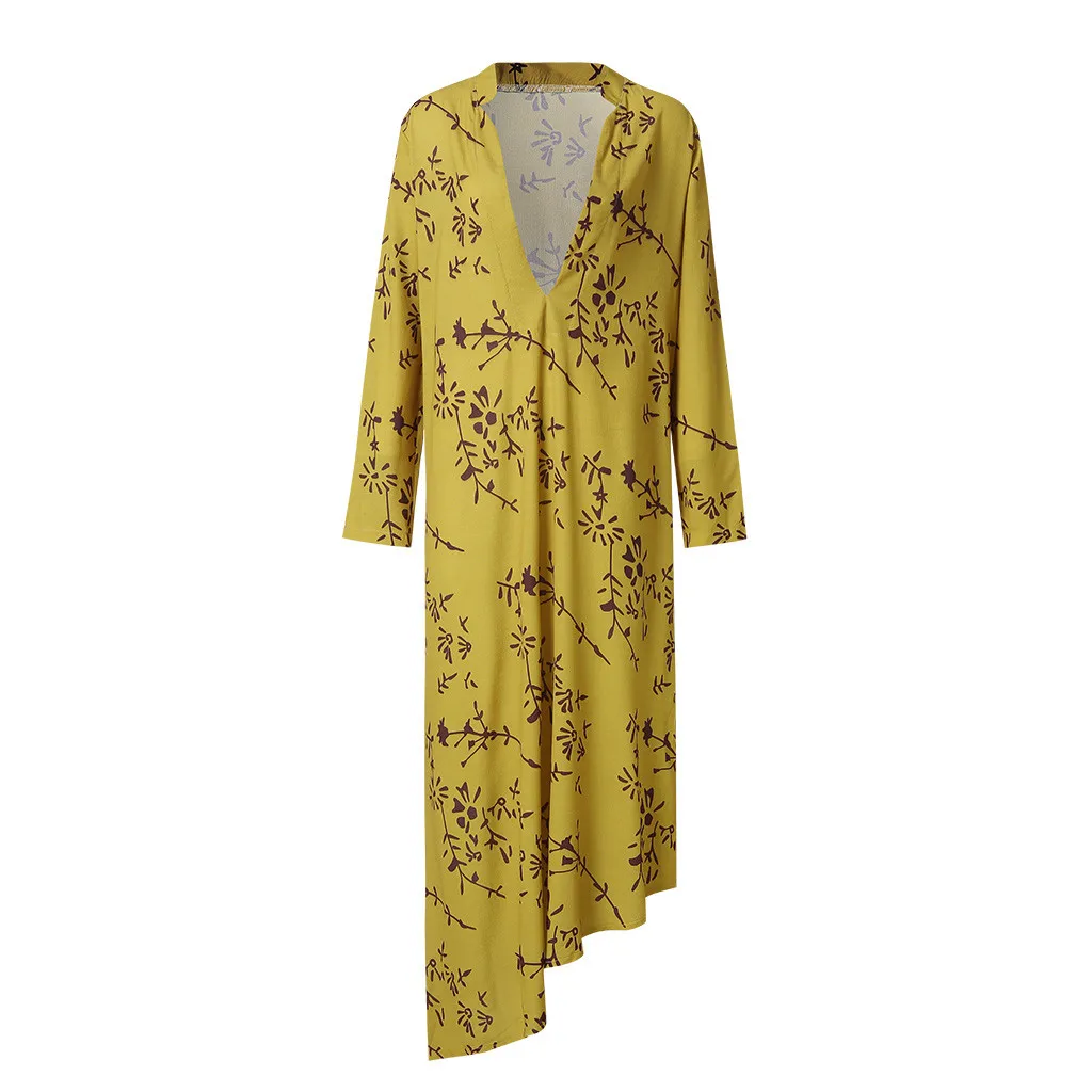 Винтажное женское платье больших размеров на лето и осень, праздничное платье с v-образным вырезом и длинным рукавом, повседневное женское богемное платье с цветочным принтом sukienka