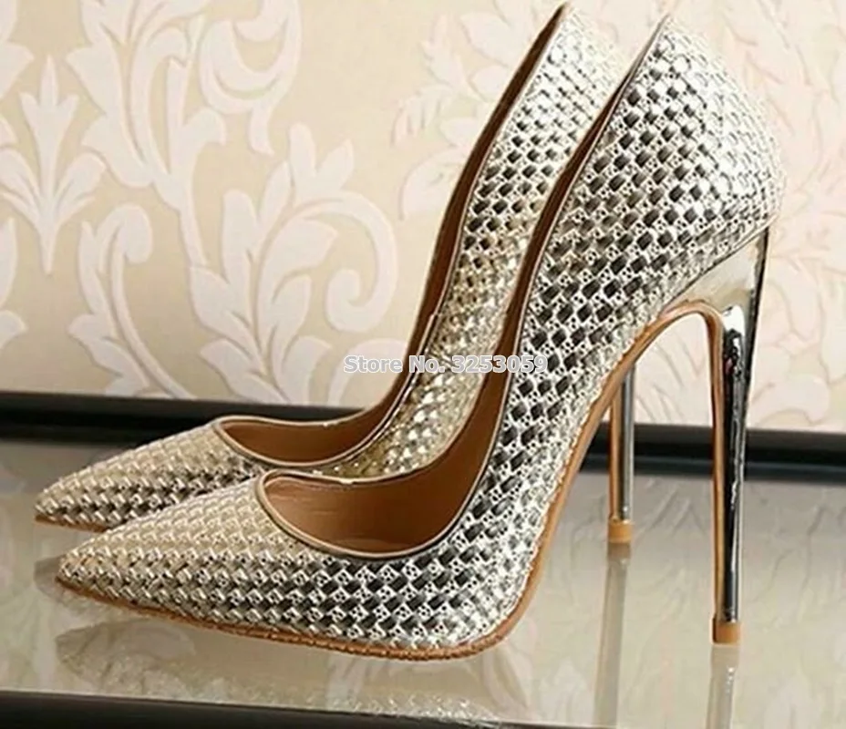 Buy ALMUDENA Exquisite Embossed Stiletto Heel Shoes Gold Silver Pointed Toe