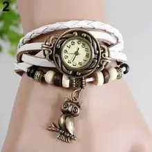 Sanwood Женские Ретро Плетеный браслет из искусственной кожи сова Декор бисером кварцевые наручные часы