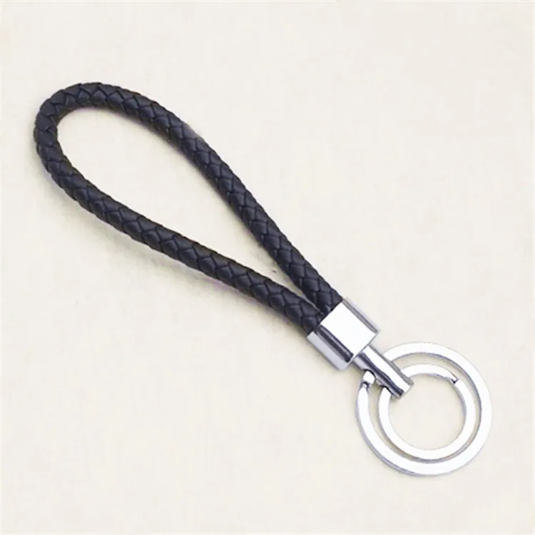 Fashion 2 ring braided rope PU leather key chain hanging