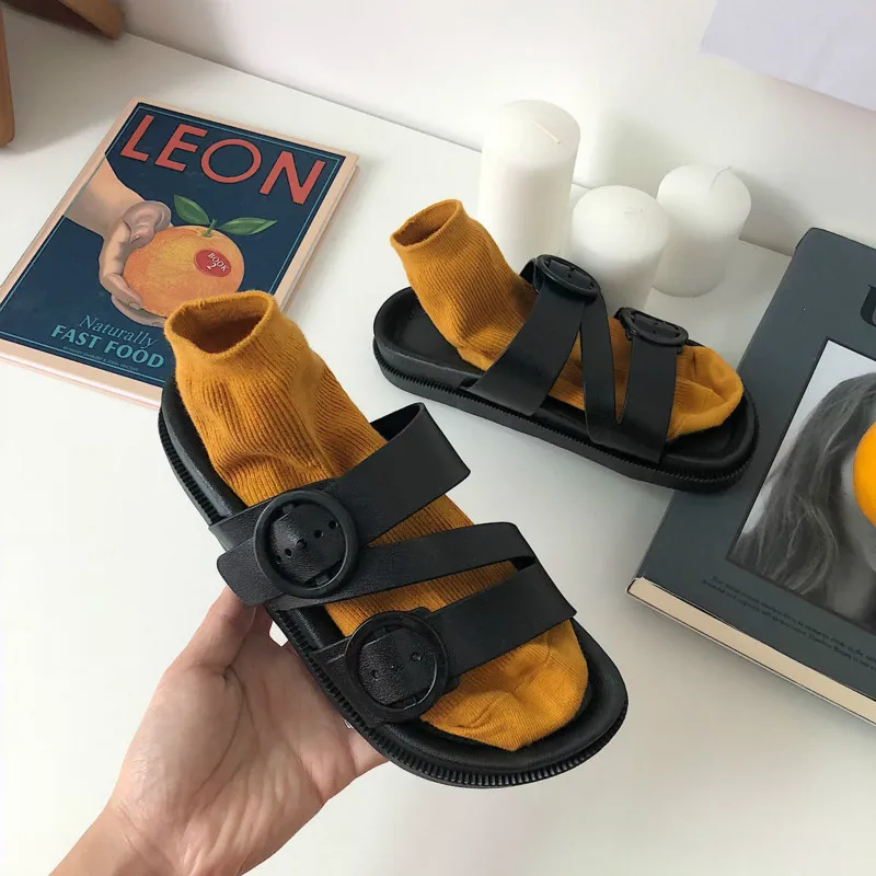 

Women Roman Sandals Simple Flat-soled Slippers Female Students Summer Leisure Sandal Black Slip on Slide Beach Shoes PVC 36-40