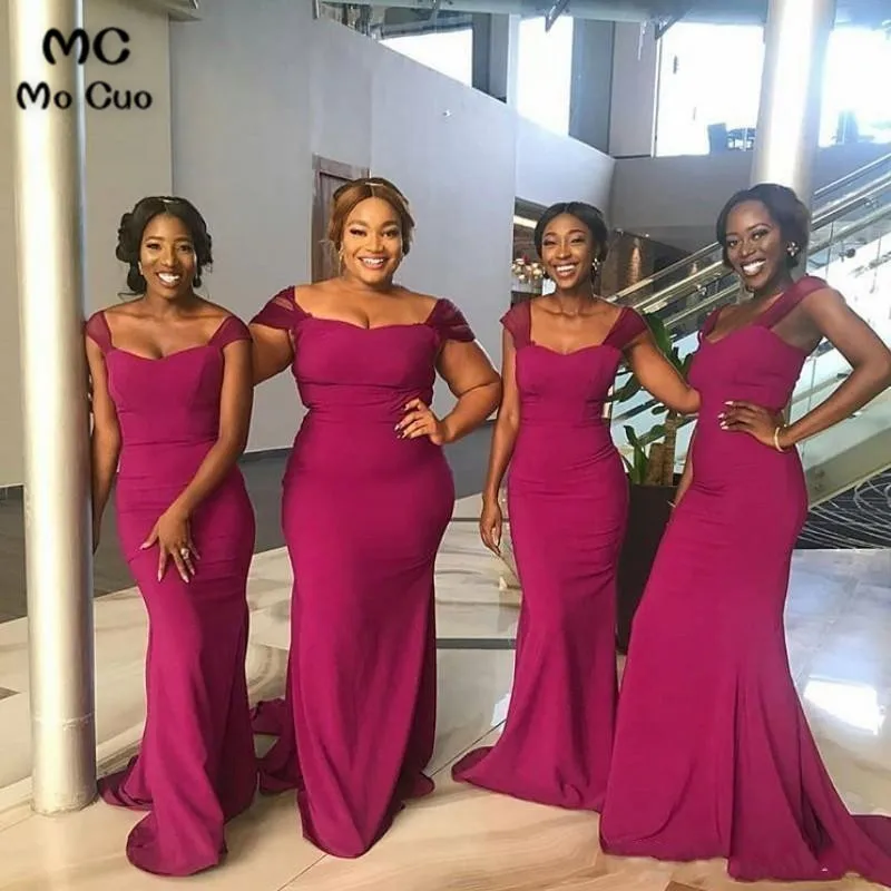 2018 Vintage Fuchsia African Black Girls Bridesmaid Dresses Mermaid Cap Sleeves Satin Sweep Train Long Maid Of Honor Gowns Orange Bridesmaids Dresses