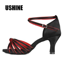 Каблук высотой 7 см/5 см черного цвета-красное сатиновое платье для сальсы, танго, латина Обувь для танцев; женские босоножки; Zapatos De Baile Latino Mujer 801