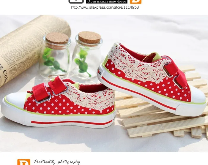 2015 New Lace Children Shoes Breathable Cotton Fabric Girls Shoes Polka Dot Canvas Velcro Coe Muscle Sneakers Autumn Kids Shoes free shipping (3)