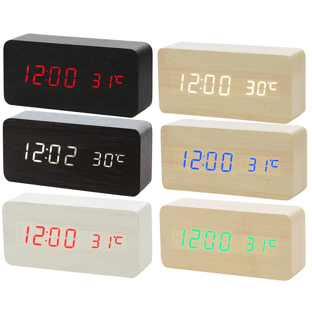  Digital Thermometer Wooden Alarm Clock Alarm Date Desk Clock Table USB Charging Brief Voice-activat