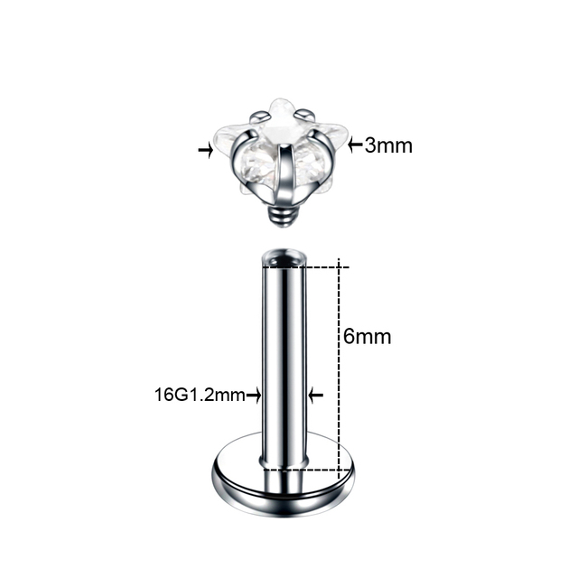 Steel Prong Set Zircon Ear Helix Stud Crystal Cartilage Piercing Tragus Earring Labret Monroe Ring Lip Piercing Jewelry 16G