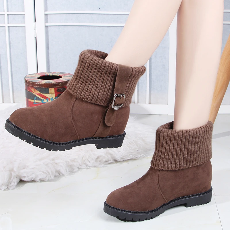 

Women Boots Belt Buckle Nkle Boots for Women Hidden Increase Boots Winter Female Flat Shoes Warm Size 35-40 Botas Mujer