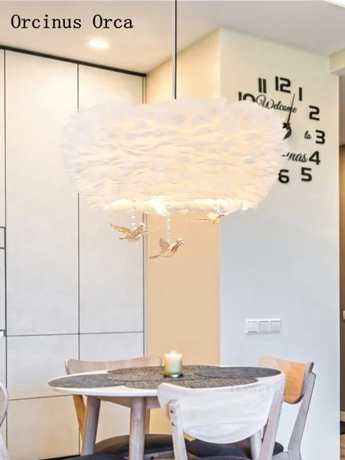  Nordic Cartoon Crystal Bird Feather Chandelier Children's Room Bedroom Modern Simple Dream LED Whit - 32969116274