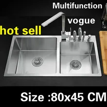 Квартира большая кухонная ручная раковина двойной паз 304 нержавеющая сталь сделать блюда Горячая 800x450 мм
