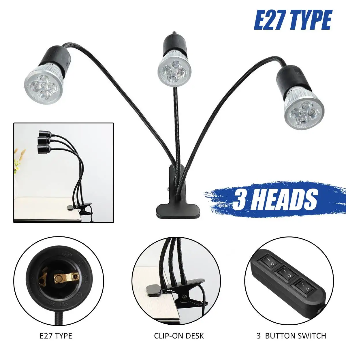  Flexible Plant Growth Light Base Stand 3 Heads Clip-On Desk Light E27 Bulb Stand Holder Kids Study 