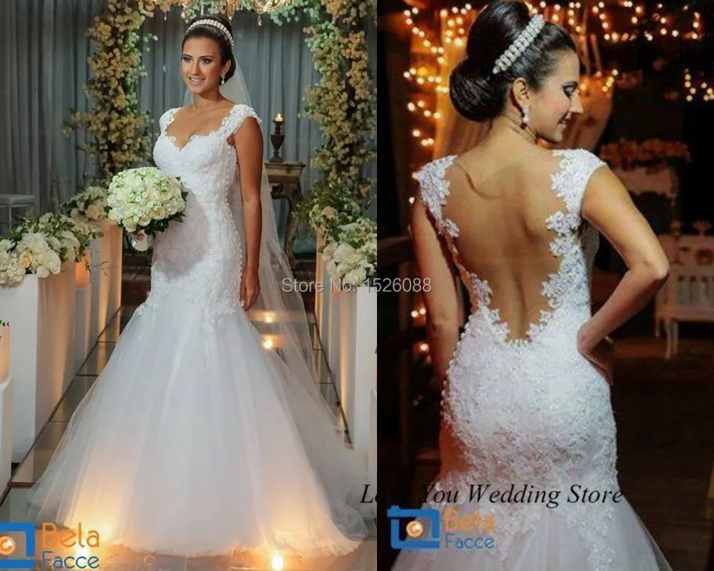 

Vestido de Noiva Sereia 2015 Romantic Lace Wedding Dress Mermaid Plus Size Bridal Gown Open Back Tulle Buttons Women