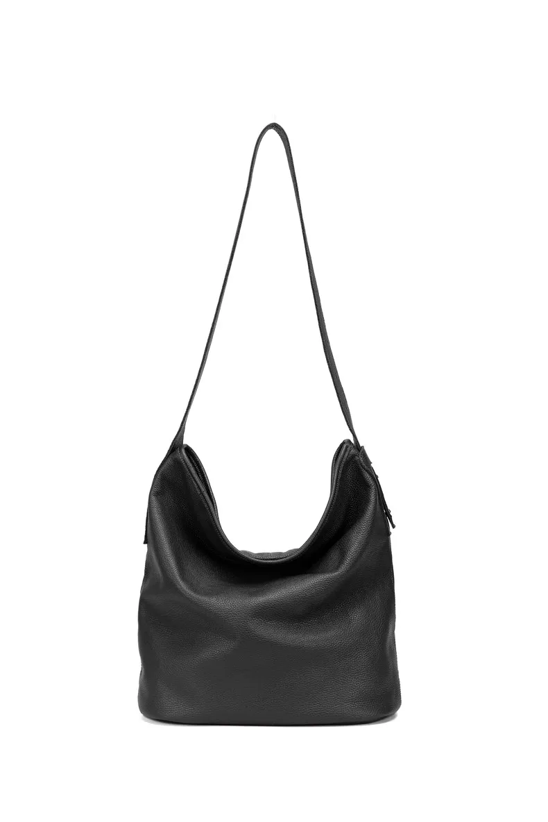 Женские сумки через плечо, мягкая сумка-мешок из натуральной кожи, Женская Повседневная Сумка-тоут, роскошная классическая коричневая сумка с длинным ремешком, большая кожаная сумка через плечо - Цвет: Черный