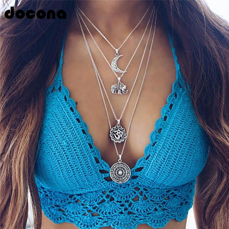 Docona Bohemian Necklace Moon Elephant Ancient Pendent Silver Color Long Alloy Chain Choker Statement Necklace Collar Femme 4498