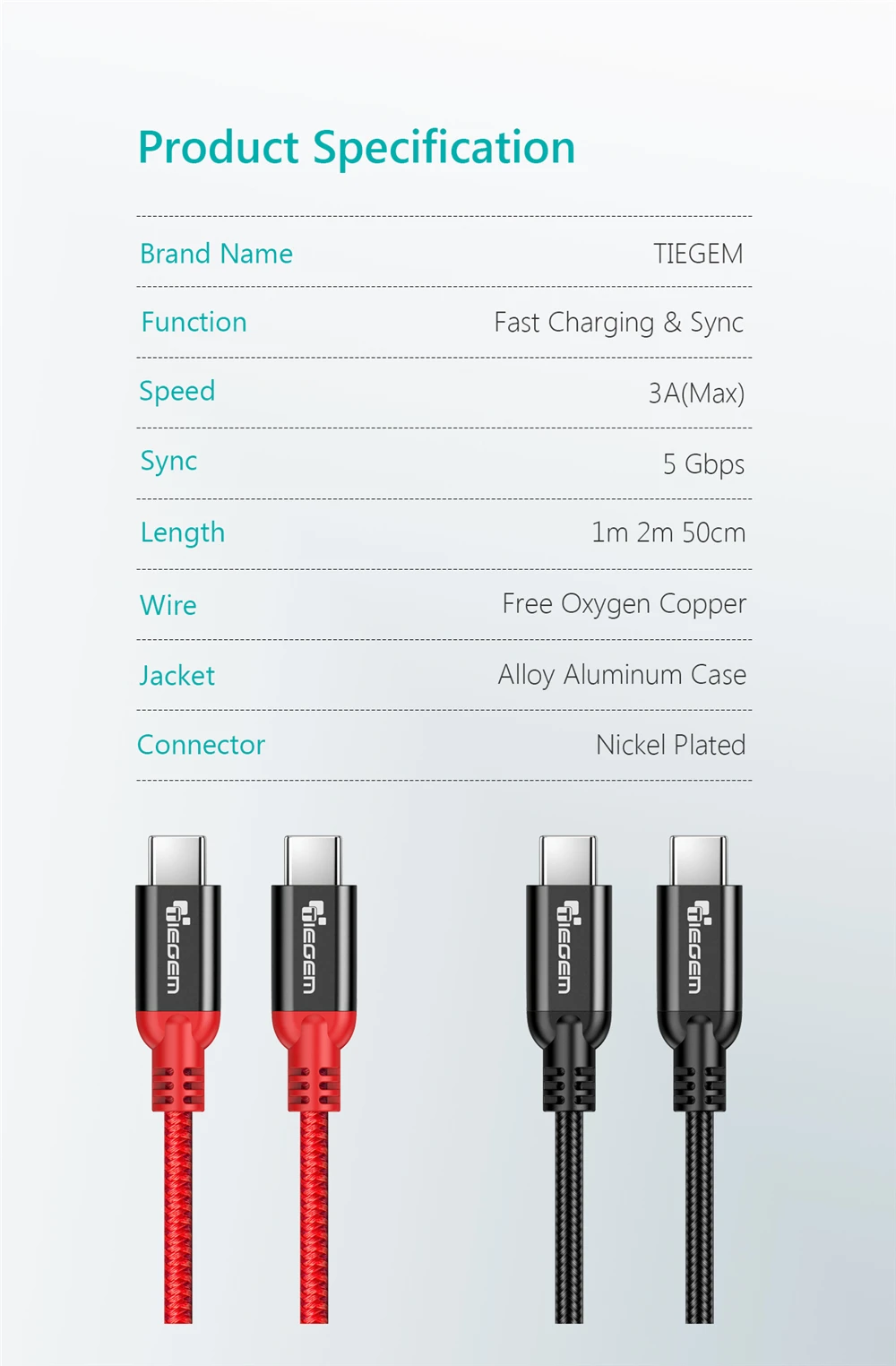 TIEGEM usb type-C кабель 3A USB C-USB-C кабель для samsung Galaxy S9 Xiaomi Быстрая зарядка type-C кабель для Oneplus USB 3,1 шнур