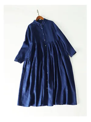 Весна осень женские свободные большие размеры в японском стиле Mori Girl мягкие удобные промытые водой 14*14 льняные рубашки платья 2 цвета - Цвет: Синий
