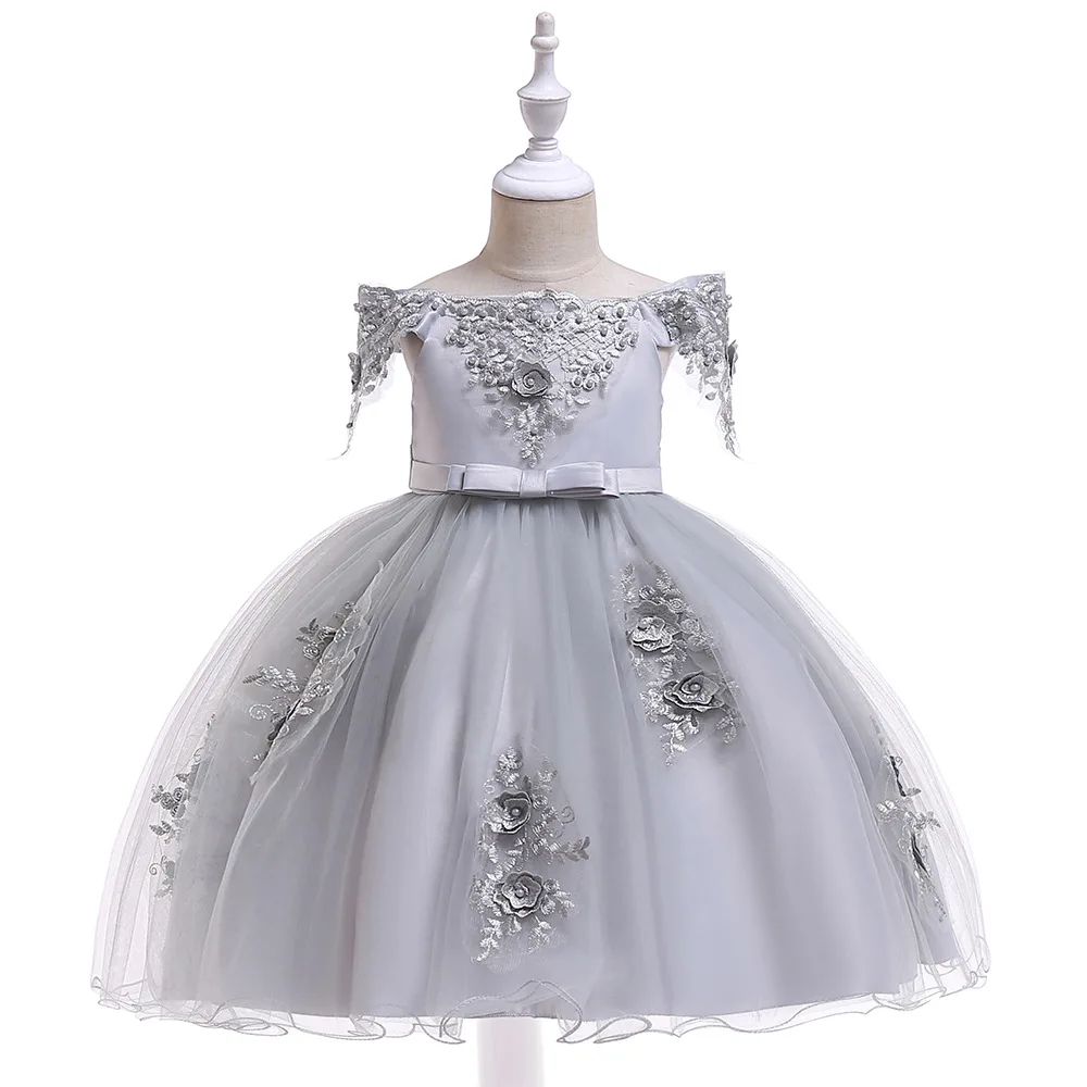 

A-Line Cap Sleeves Lace Appliques Flower Girl Dresses with Pearls Grey First Communion dresses Evening Party Gowns