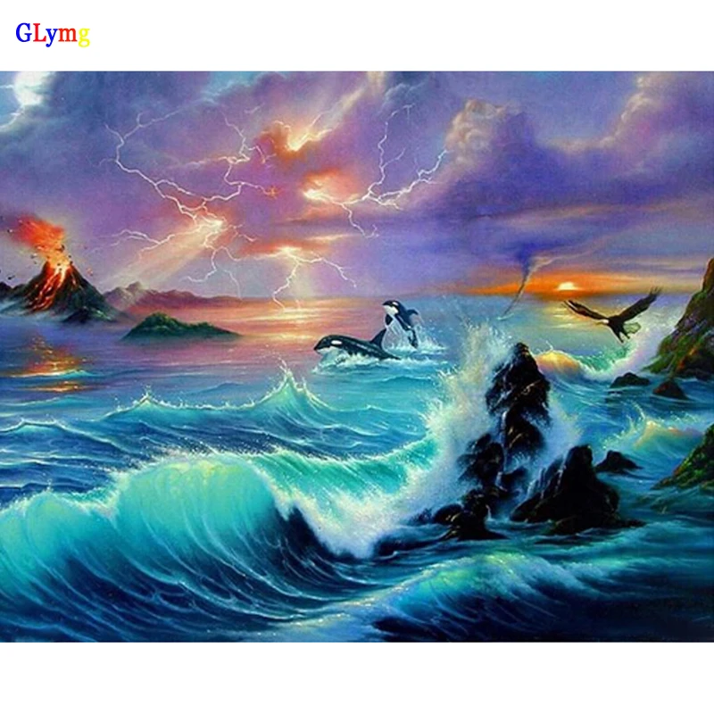 GLymg Needlework Diy Diamond Embroidery Ocean Dolphins Scenery Diamond Painting Cross Stitch Square Drill Mosaic Gift Picture