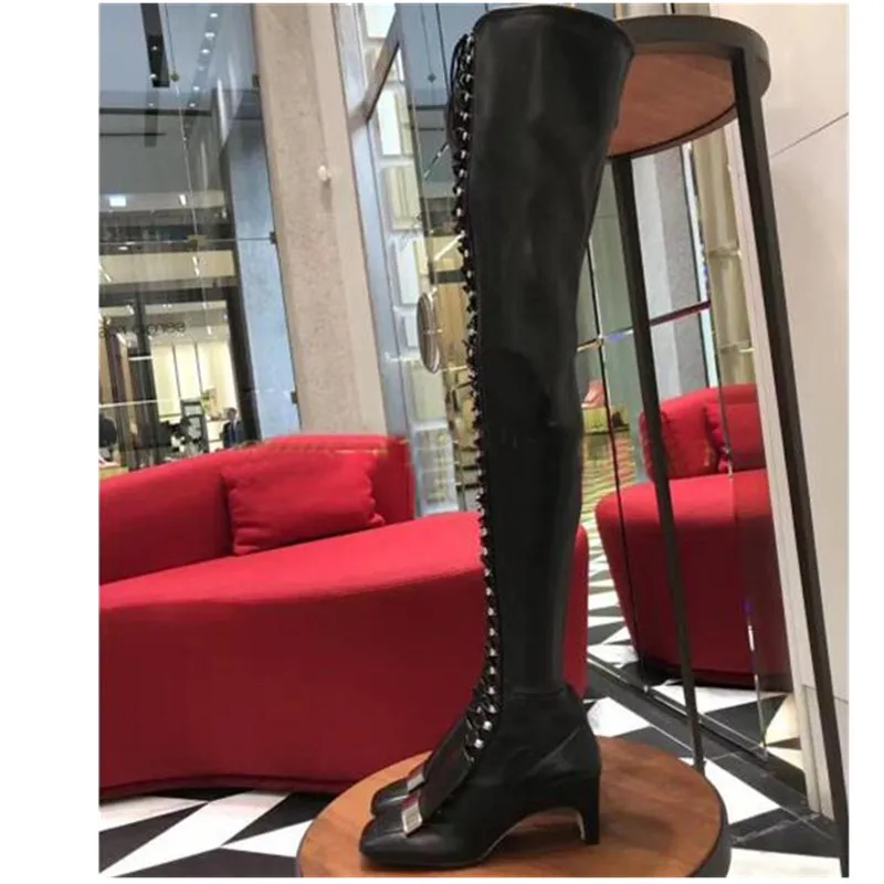 Mcacchi/ г. Последняя мода, брендовые ботфорты на шнуровке с заклепками дизайнерские сапоги из натуральной кожи с квадратным носком женские очень большие размеры